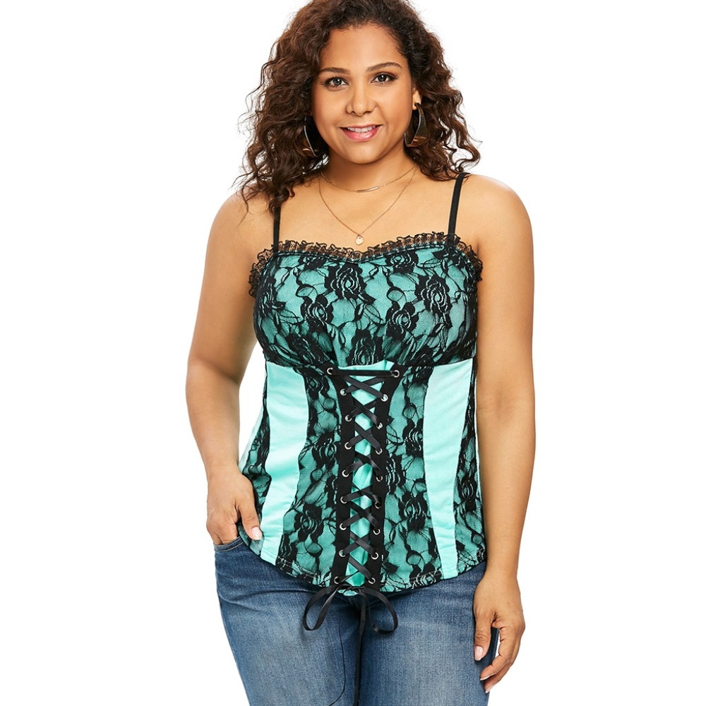 Plus Size Floral Lace Ribbon Tie Corset Tank Top